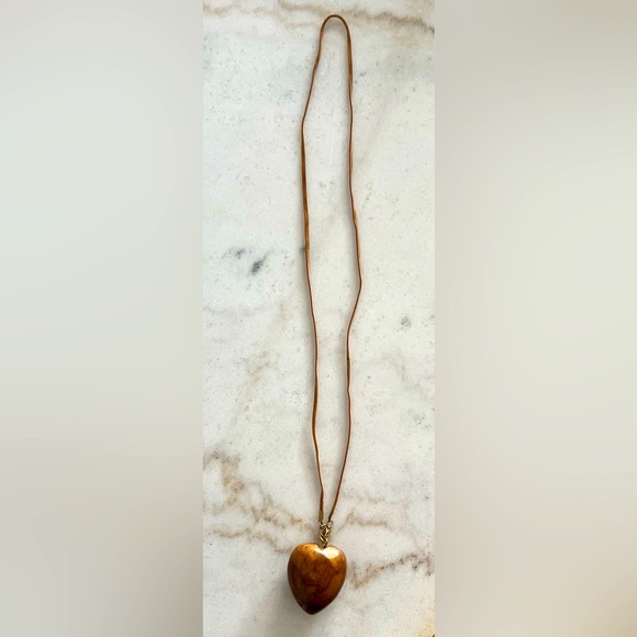 Vintage Necklace Wood Carved Heart Long Leather Strap Handcrafted Boho Rustic - Picture 2 of 5